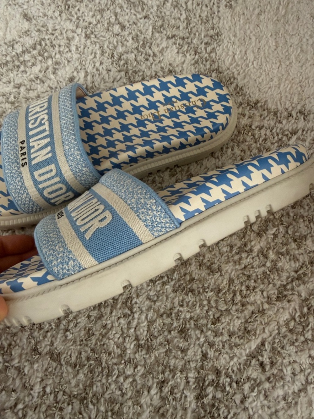 Christian Dior Light Blue and White Houndstooth Slide Sandals - Picture 3 of 8